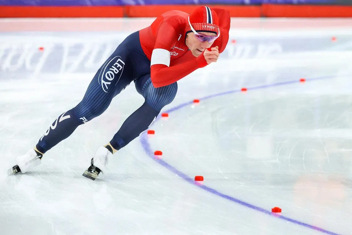 Nov 22, 2025; Calgary, Alberta, CANADA; Peder Kongshaug of Norway competes in the men's 1500m during the ISU Speedskating World Cup at Calgary Olympic Oval. Mandatory Credit: Sergei Belski-Imagn Images