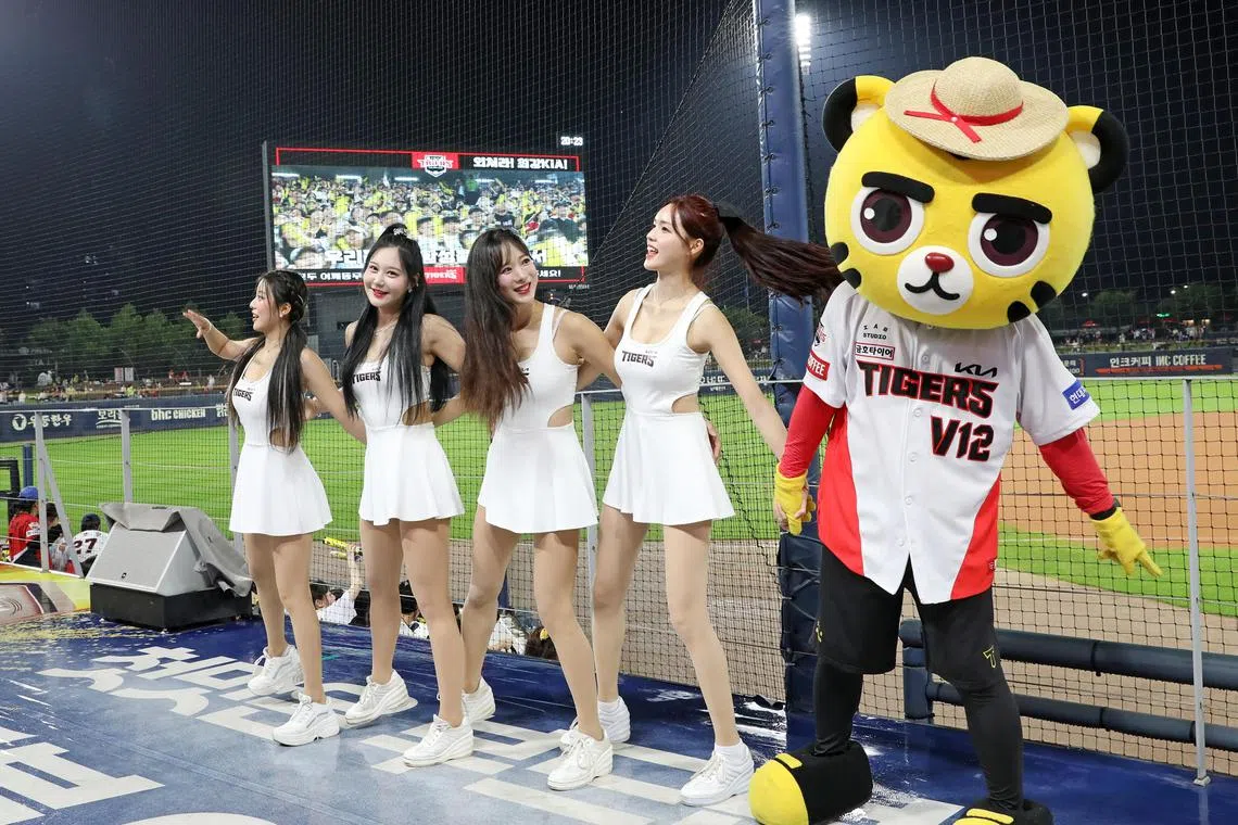 In an undated image provided by Kia Tigers, cheerleaders for the Kia Tigers, a top team in the Korea Baseball Organization. 