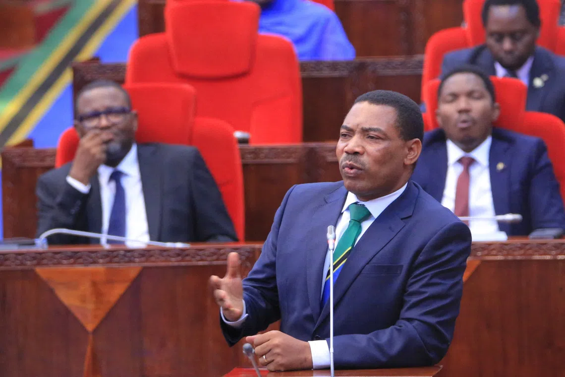 Tanzania's newly named Prime Minister Mwigulu Nchemba addresses elected legislators at the Parliament Buildings in Dodoma, Tanzania November 13, 2025. REUTERS/Stringer
