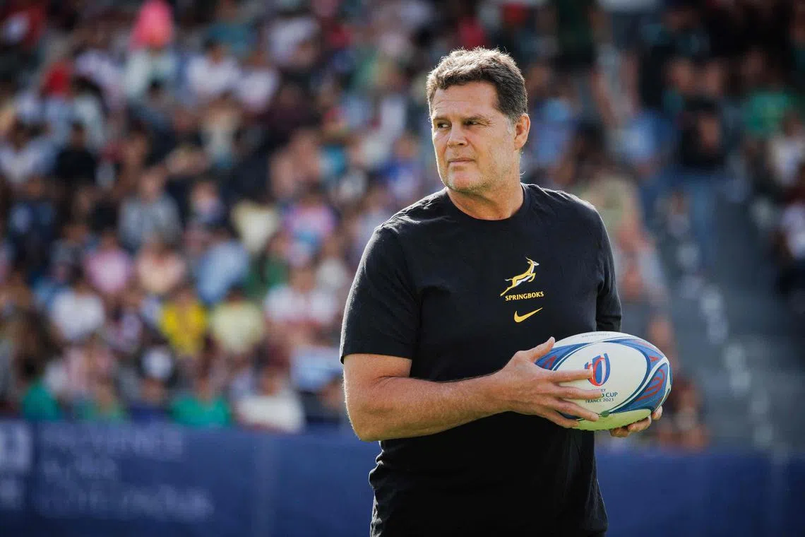 South Africa's director of rugby Rassie Erasmus looking on ahead of a training session at the Mayol Stadium in Toulon on Sept 28 during the France 2023 Rugby World Cup.