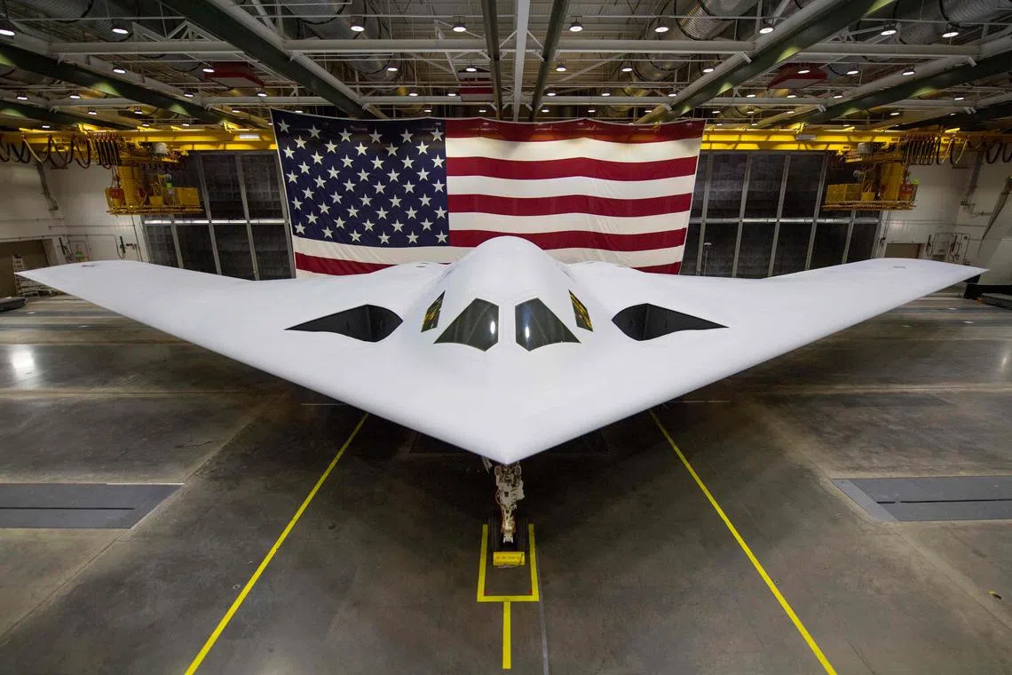 A photograph released by the U.S. Air Force on March 7, 2023, the B-21 Raider is unveiled to the public at a ceremony in Palmdale, California, on December 2, 2022. 