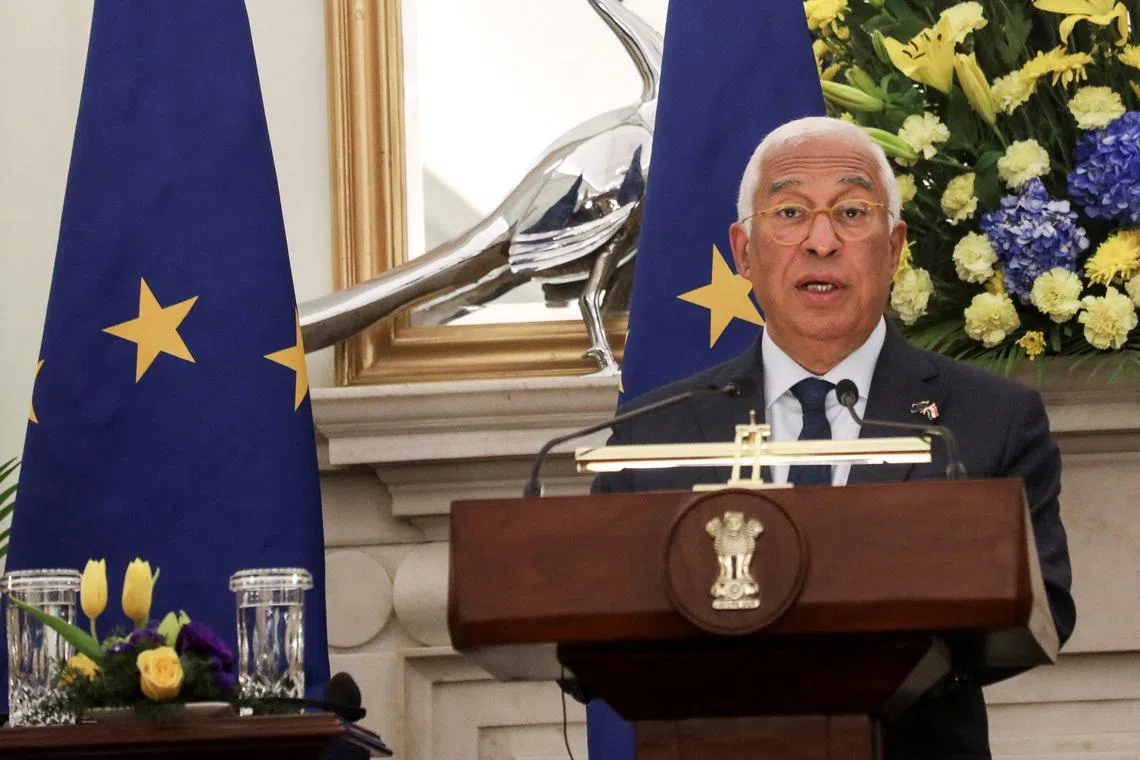 FILE PHOTO: European Council President Antonio Costa speaks during a joint press statement with Indian Prime Minister Narendra Modi and European Commission President Ursula von der Leyen at the Hyderabad House in New Delhi, India, January 27, 2026. REUTERS/Altaf Hussain/File Photo
