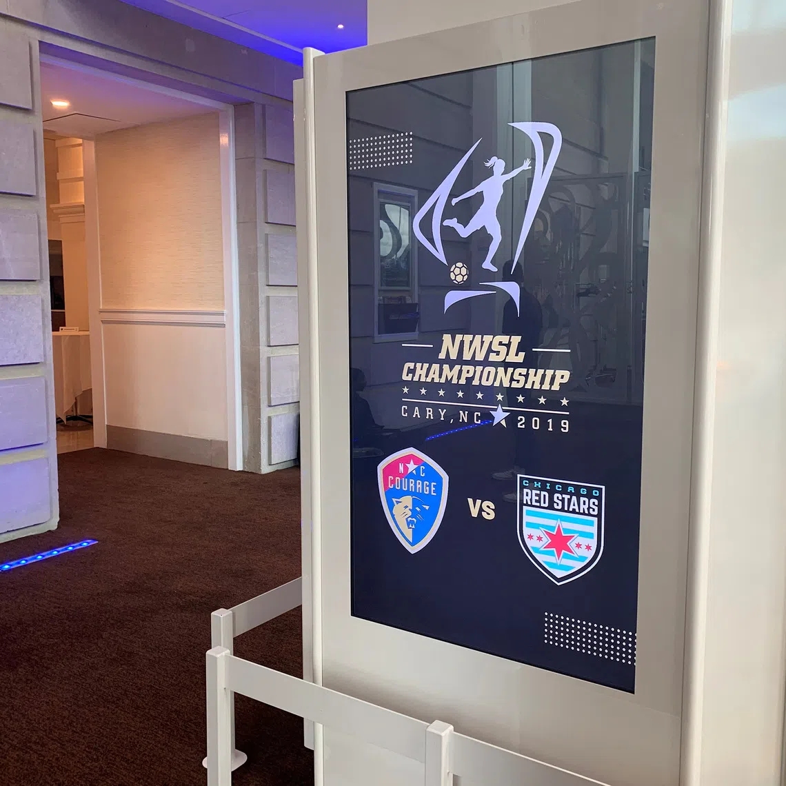 A logo for the National Women's Soccer League (NWSL) is seen inside the Duke Energy Center for the Performing Arts ahead of a media event with players from the North Carolina Courage and Chicago Red Stars teams, in Raleigh, North Carolina, U.S. October 27, 2019. REUTERS/Amy Tennery