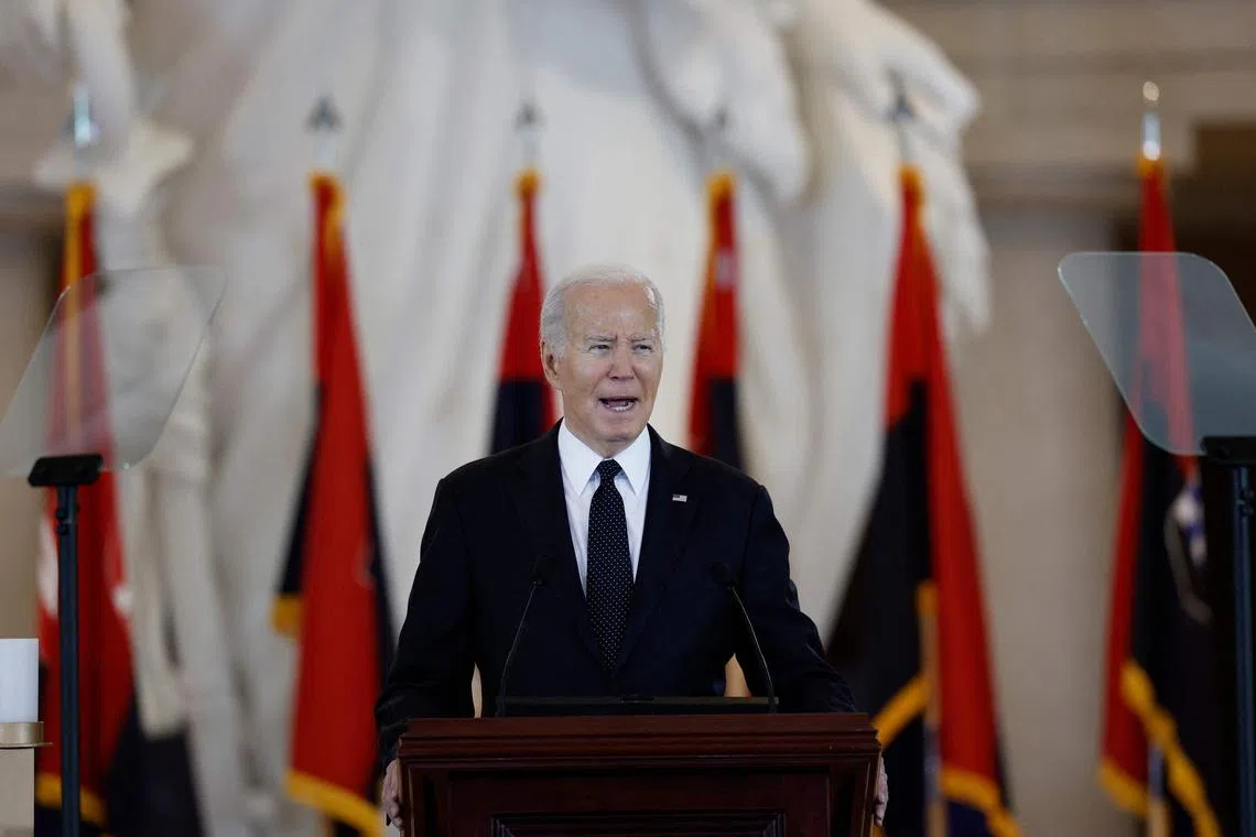 US President Joe Biden speaks during the US Holocaust Memorial Museum's Annual Days of Remembrance ceremony at the US Capitol on May 07. 