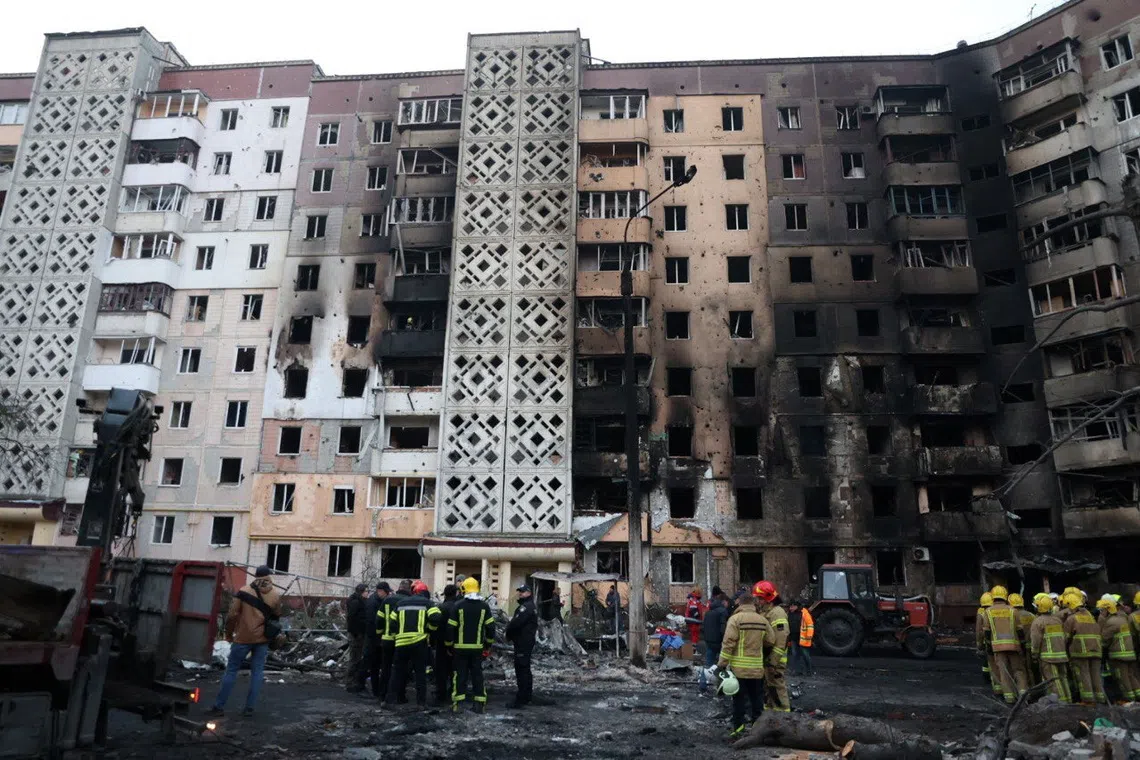 Rescuers work at the site of the apartment building hit by a morning Russian missile strike, amid Russia's attack on Ukraine, in Ternopil, Ukraine, in this handout picture released November 19, 2025. Press service of the State Emergency Service of Ukraine/Handout via REUTERS