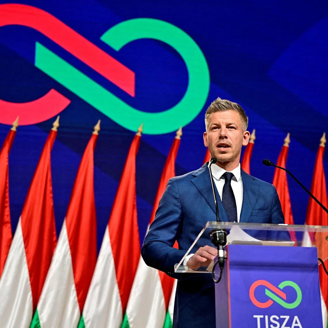 FILE PHOTO: Peter Magyar, leader of the opposition Tisza Party, speaks during a press conference a day after the parliamentary election, in which Hungarian Prime Minister Viktor Orban conceded defeat, Budapest, Hungary, April 13, 2026. REUTERS/Marton Monus/File Photo