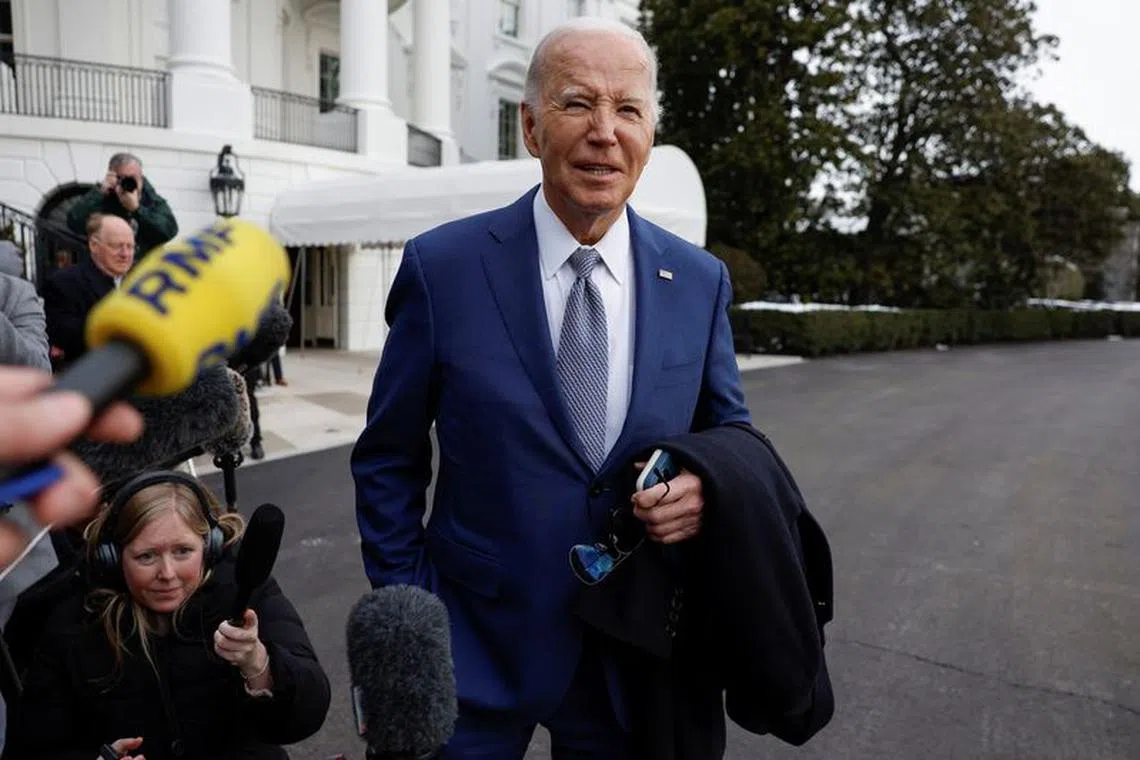 U.S. President Joe Biden speaks to the media before departing the White House for North Carolina, in Washington, U.S., January 18, 2024. REUTERS/Evelyn Hockstein