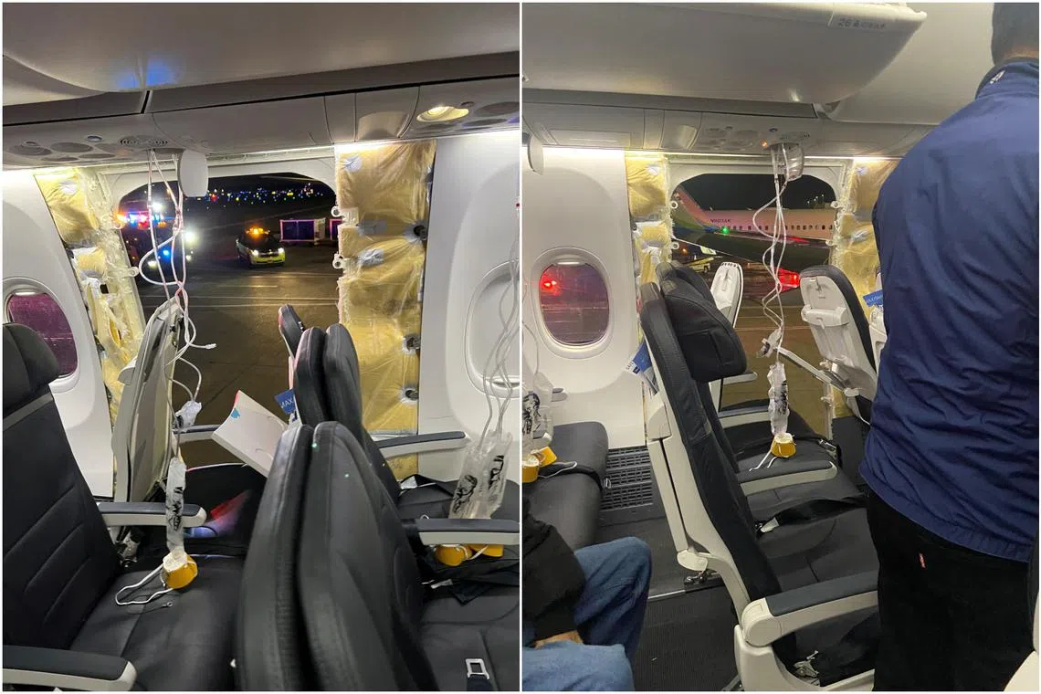 Passenger oxygen masks hang from the roof next to a missing window and a portion of a side wall of an Alaska Airlines Flight 1282.