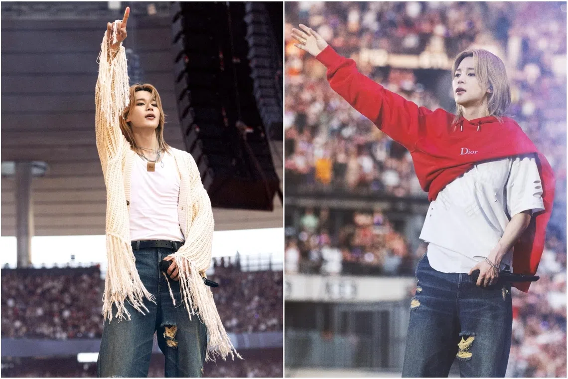 Jimin wore a Dior off-white wool knit (left), a white cotton tank top and blue denim jeans.