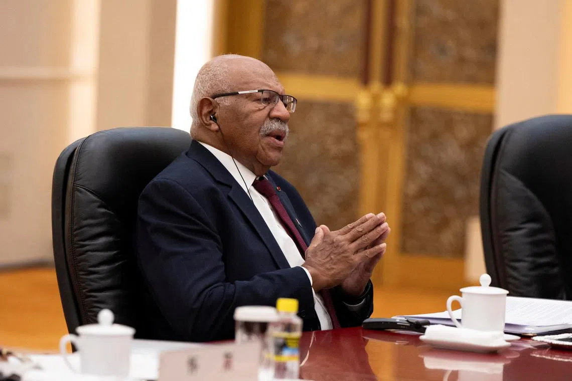 FILE PHOTO: Fiji's Prime Minister Sitiveni Rabuka speaks during a meeting with Chinese President Xi Jinping at the Great Hall of the People in Beijing, China, August 20, 2024. ANDRES MARTINEZ CASARES/Pool via REUTERS/File photo