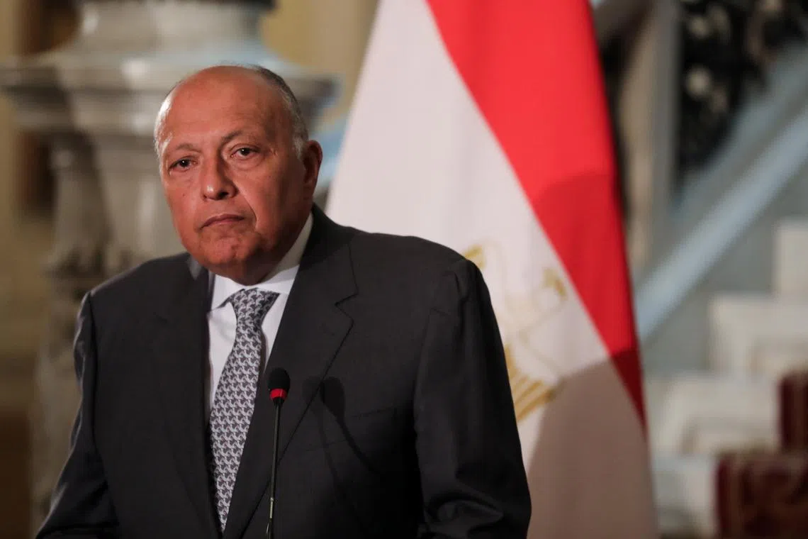 FILE PHOTO: Egyptian Foreign Minister Sameh Shoukry attends a press conference with French Minister for Europe and Foreign Affairs Stephane Sejourne and Jordanian Foreign Minister Ayman Safadi following a meeting discussing the conflict between Israel and the Palestinian Islamist group Hamas, at Tahrir Palace, in Cairo, Egypt March 30, 2024. REUTERS/Mohamed Abd El Ghany/File Photo