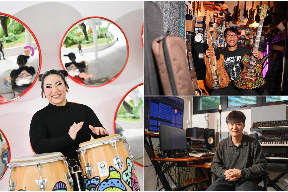 (Clockwise from left) Percussionist Desiree Tay, owner of guitar repair store Wax Guitar Services Hazieq Nizam, and founder of indie music company Parka Dominic Yuan.