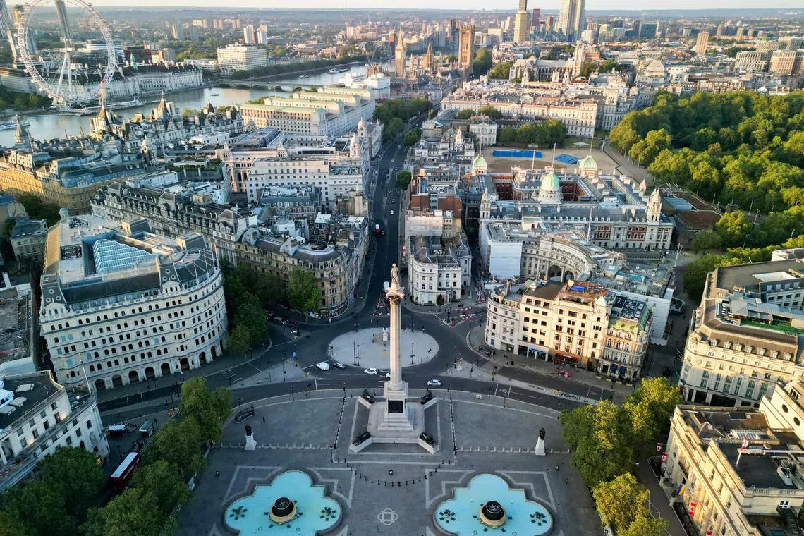 FILE PHOTO: A drone view of London's skyline after daybreak, in London, Britain July 7, 2023. REUTERS/Yann Tessier/File Photo