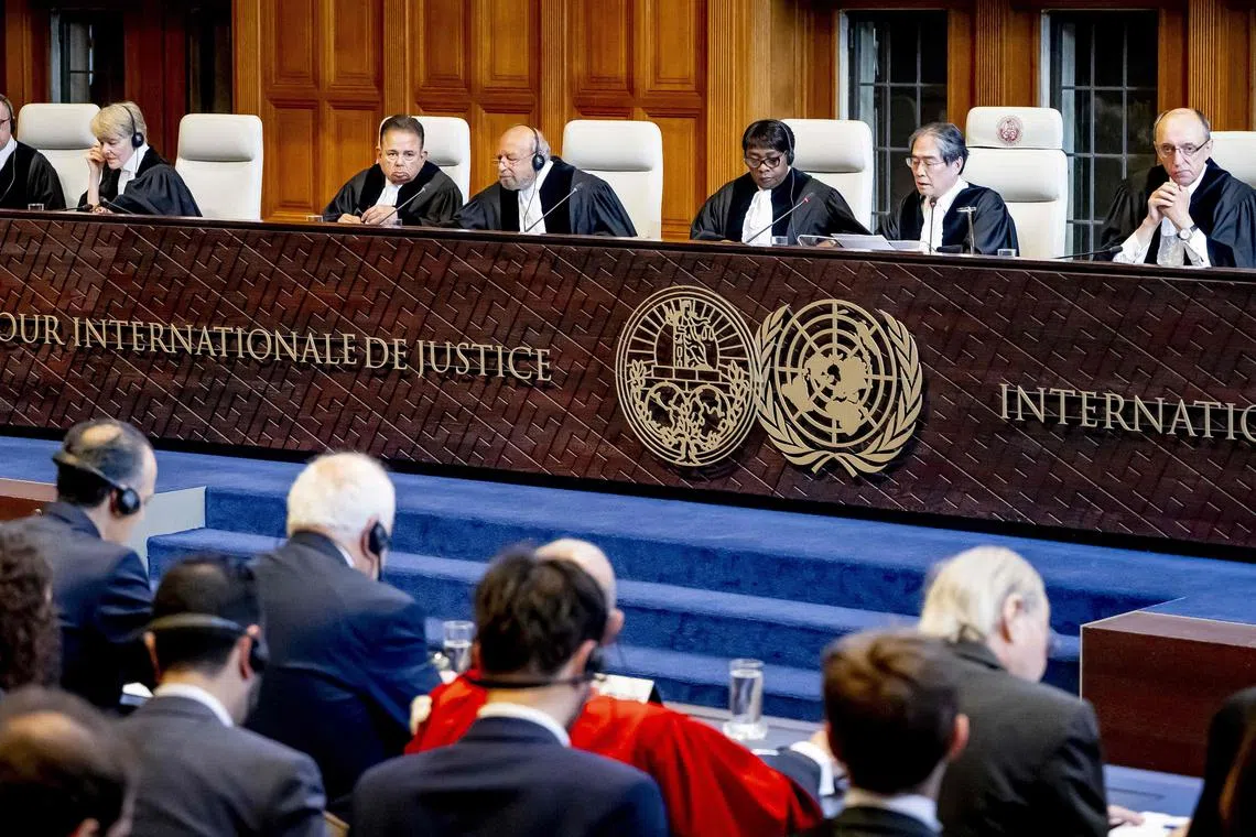 This photograph shows a general view of the International Court of Justice during an interrogation on Israel's humanitarian obligations towards Palestinians at the International Court of Justice, in The Hague on April 28, 2025. The UN's top court opened on April 28, 2025, a week of hearings on Israel's humanitarian obligations towards Palestinians, more than 50 days into its total blockade on aid entering war-ravaged Gaza. United Nations representatives will start the five days of sittings at the International Court of Justice in The Hague, followed by a Palestinian submission. (Photo by Robin Utrecht / ANP / AFP) / Netherlands OUT