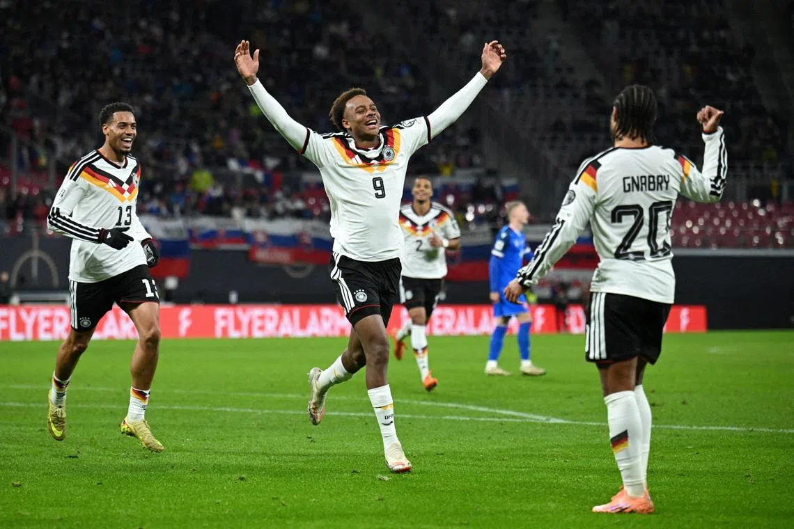 Soccer Football - World Cup - UEFA Qualifiers - Group A - Germany v Slovakia - Red Bull Arena, Leipzig, Germany - November 17, 2025 Germany's Assan Ouedraogo celebrates scoring their sixth goal REUTERS/Annegret Hilse