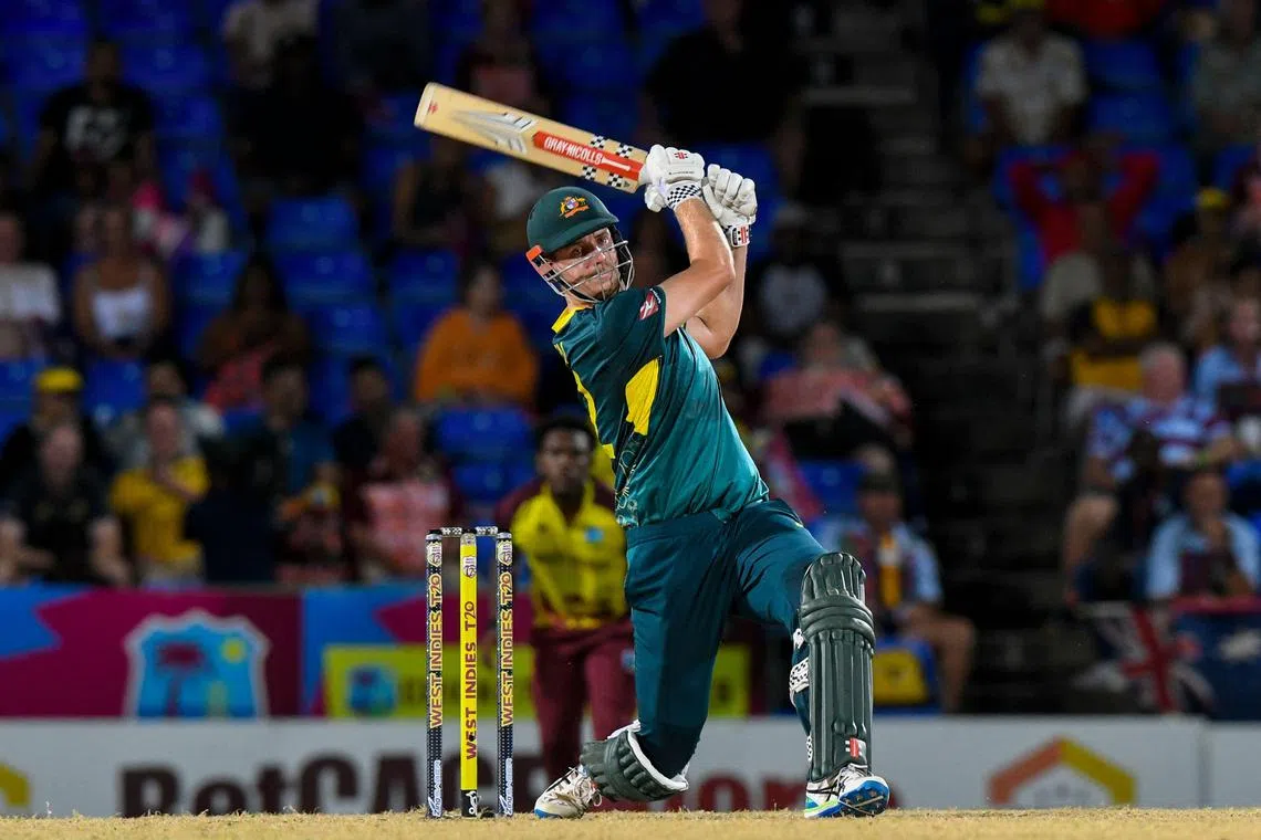 Australia's Cameron Green hits a six in the fourth Twenty20 international cricket match against West Indies at Warner Park Sporting Complex in Basseterre, Saint Kitts and Nevis, on July 26, 2025.