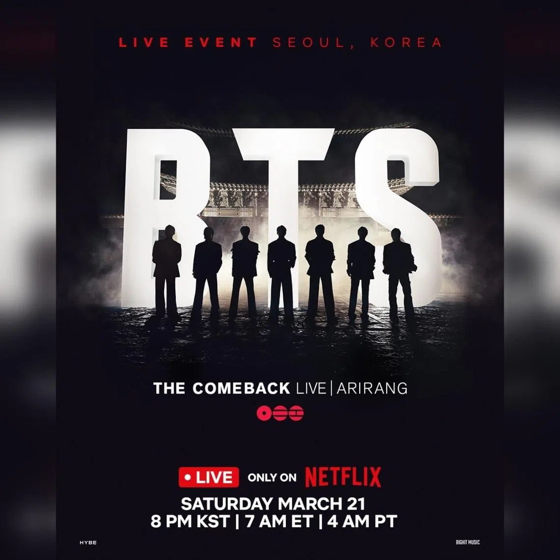 BTS THE COMEBACK LIVE | ARIRANG will stream live exclusively on Netflix on March at 7pm (Singapore time).