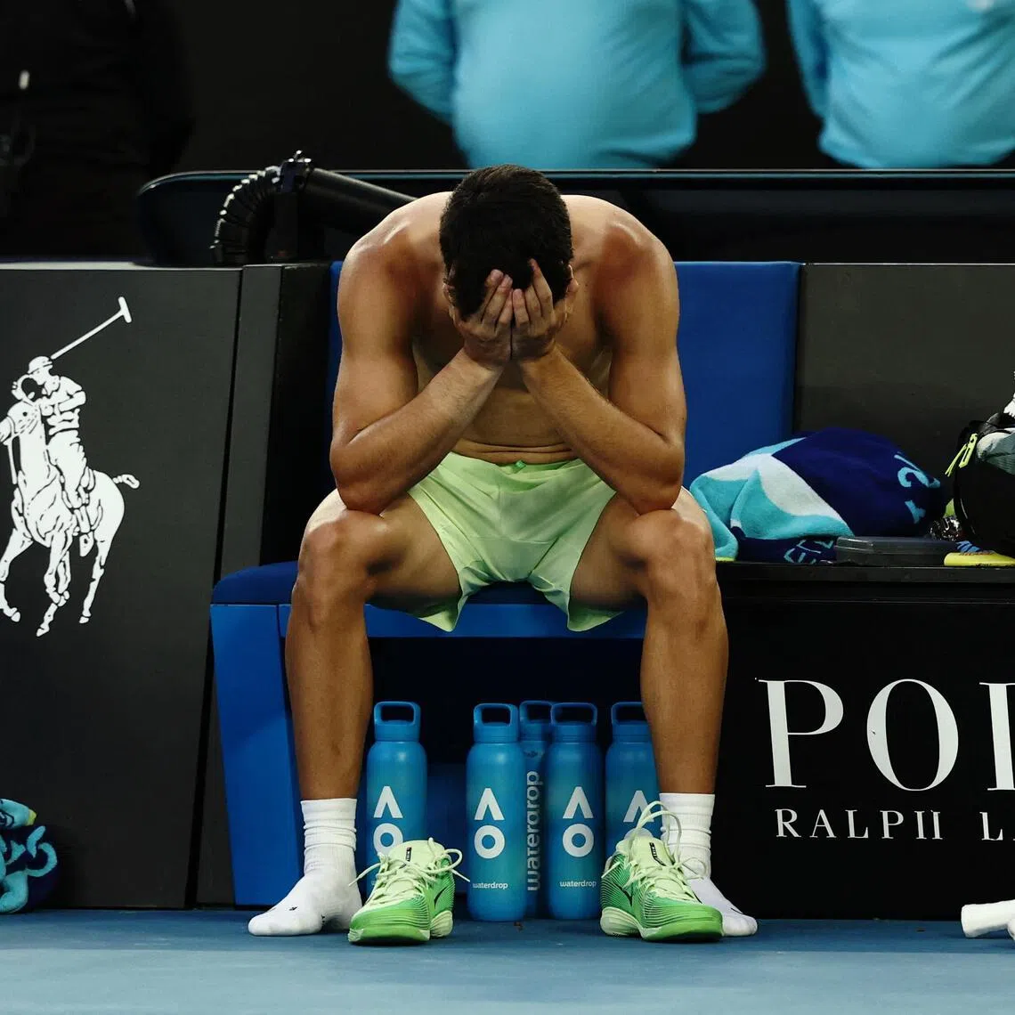 Spain's Carlos Alcaraz is exhausted after his semi final win against Germany's Alexander Zverev. 