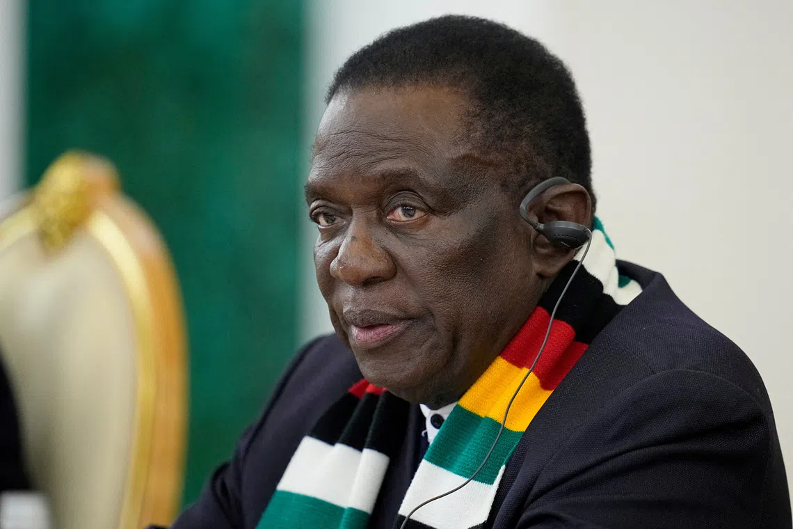 FILE PHOTO: Zimbabwean President Emmerson Mnangagwa attends a meeting with Russian President Vladimir Putin in the Grand Palace at the Kremlin in Moscow, Russia, Saturday, May 10, 2025. Pavel Bednyakov/Pool via REUTERS/File Photo