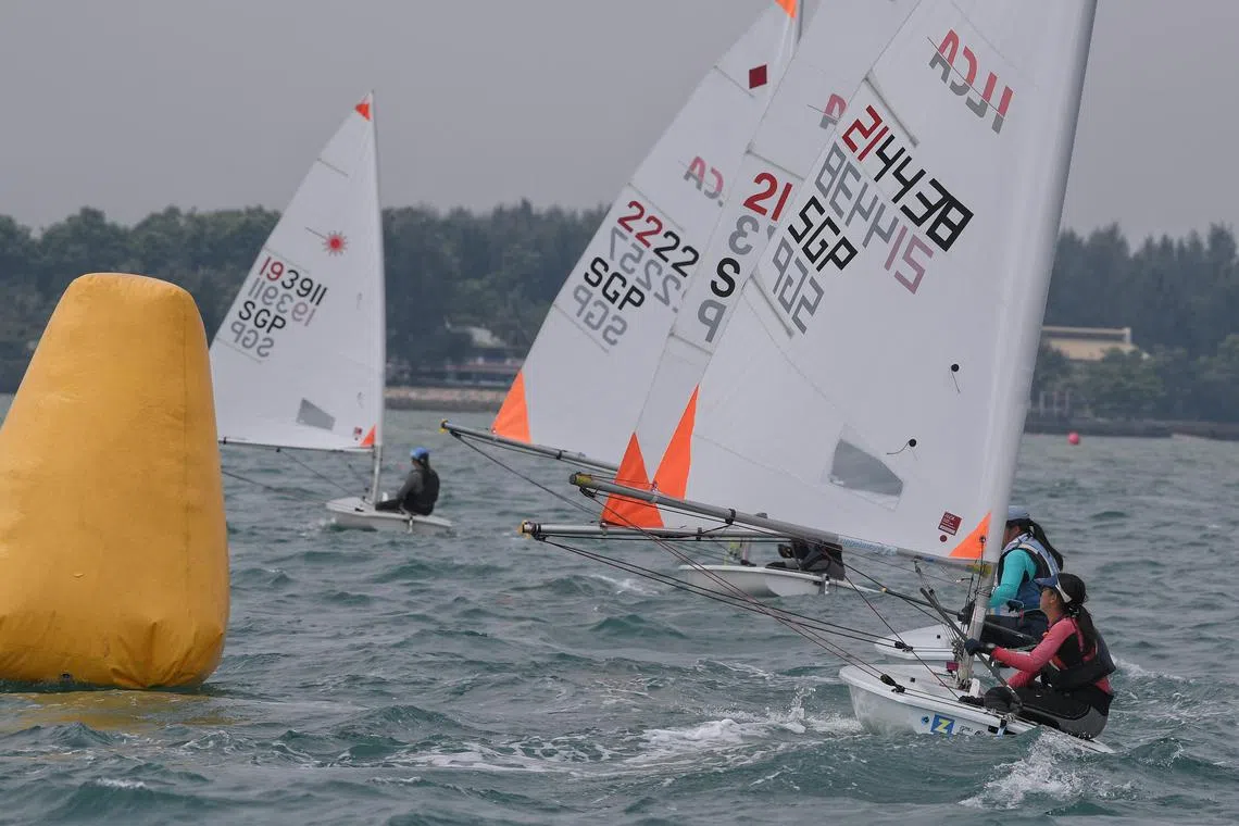 Sarah Yong (right) of St Hilda’s Secondary School in action during the B Division girls' ILCA 4 held at the National Sailing Centre on May 5, 2023.

ST PHOTO: MARK CHEONG