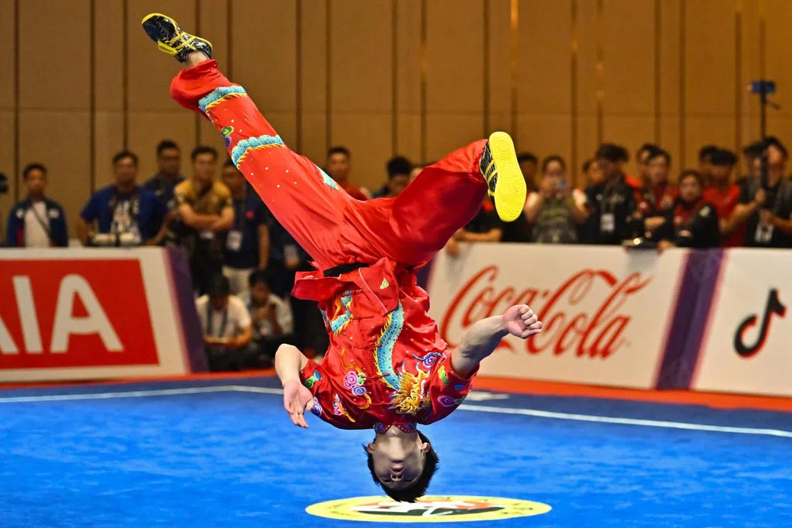 Singapore's Jowen Lim narrowly missing out on gold in the men's changquan final at the wushu competition at Chroy Changvar Convention Centre on May 12, 2023.