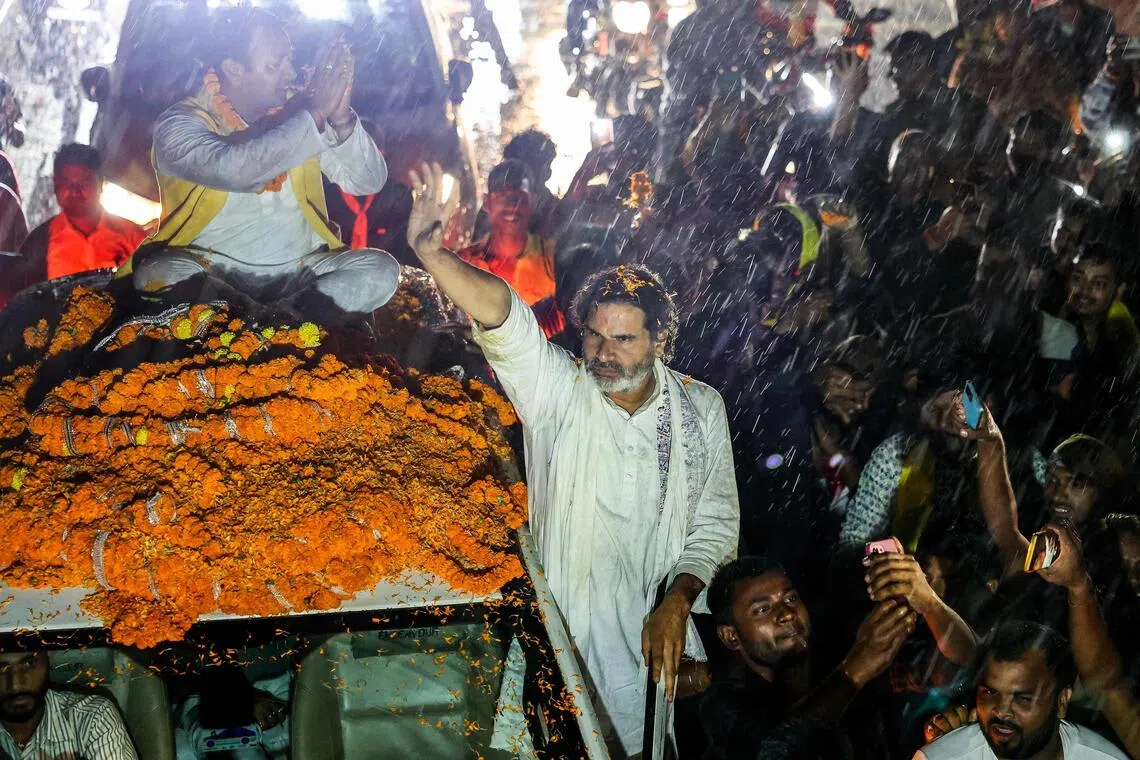 Mr Prashant Kishor, founder of the Jan Suraaj party and a former poll strategist for the BJP, waves to supporters on Oct 30, ahead of assembly elections in Bihar, India's poorest state.