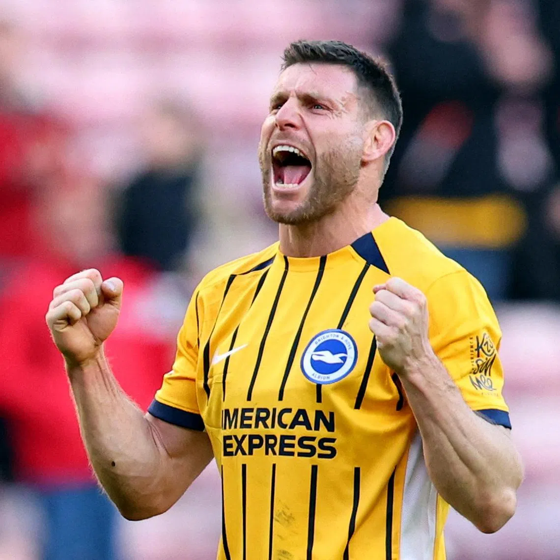 Soccer Football - Premier League - Sunderland v Brighton & Hove Albion - Stadium of Light, Sunderland, Britain - March 14, 2026 Brighton & Hove Albion's James Milner celebrates after the match Action Images via Reuters/Craig Brough