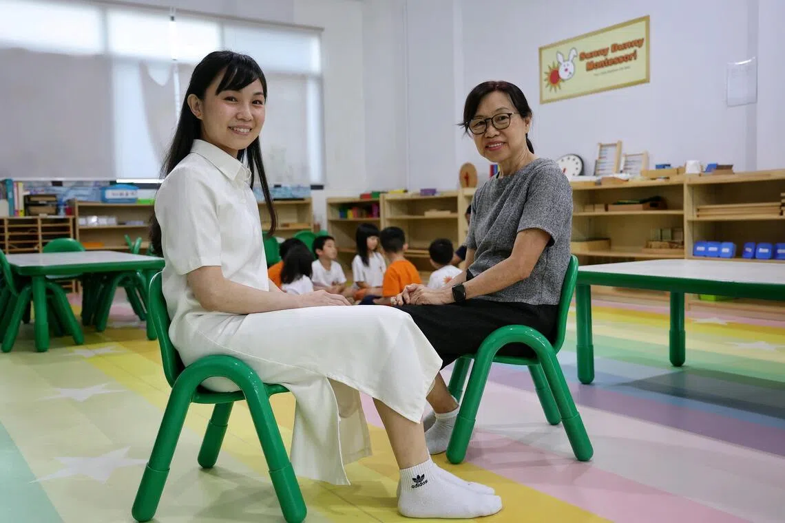 Ms Poh Ying Xia (left), 38, co-founder of Sunny Bunny Montessori Infantcare and Preschool, and her mother, Ms Ng Chooi Choo, 68, a retired teacher, at the preschool on March 10, 2026. Feature on inter-generational learning: Ying Xia, who bought over her autistic son's preschool, and her retired mother, a former teacher, are doing an NIE diploma course on early childhood development together.