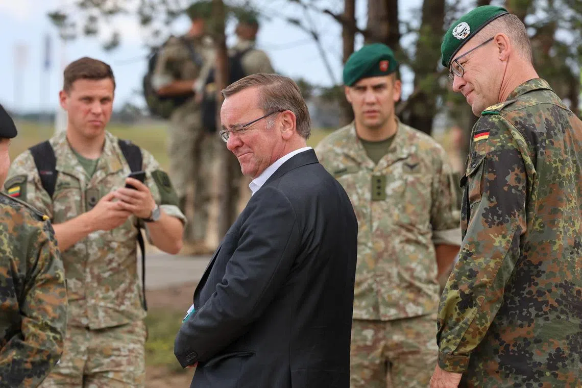 Germany's defence minister Boris Pistorius meets with German soldiers during Nato exercise Griffin Storm in Lithuania.