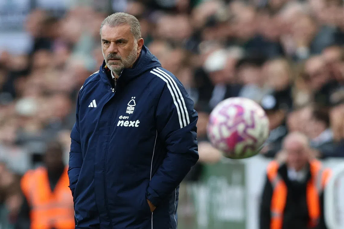 Soccer Football - Premier League - Newcastle United v Nottingham Forest - St James' Park, Newcastle, Britain - October 5, 2025 Nottingham Forest manager Ange Postecoglou looks on REUTERS/Scott Heppell E