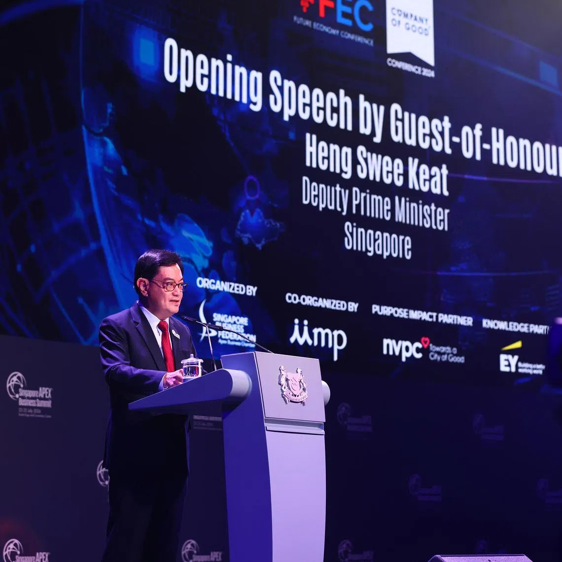 Deputy Prime Minister Heng Swee Keat delivers opening speech at the 2024 Singapore Apex Business Summit.

Credit: Singapore Apex Business Summit.