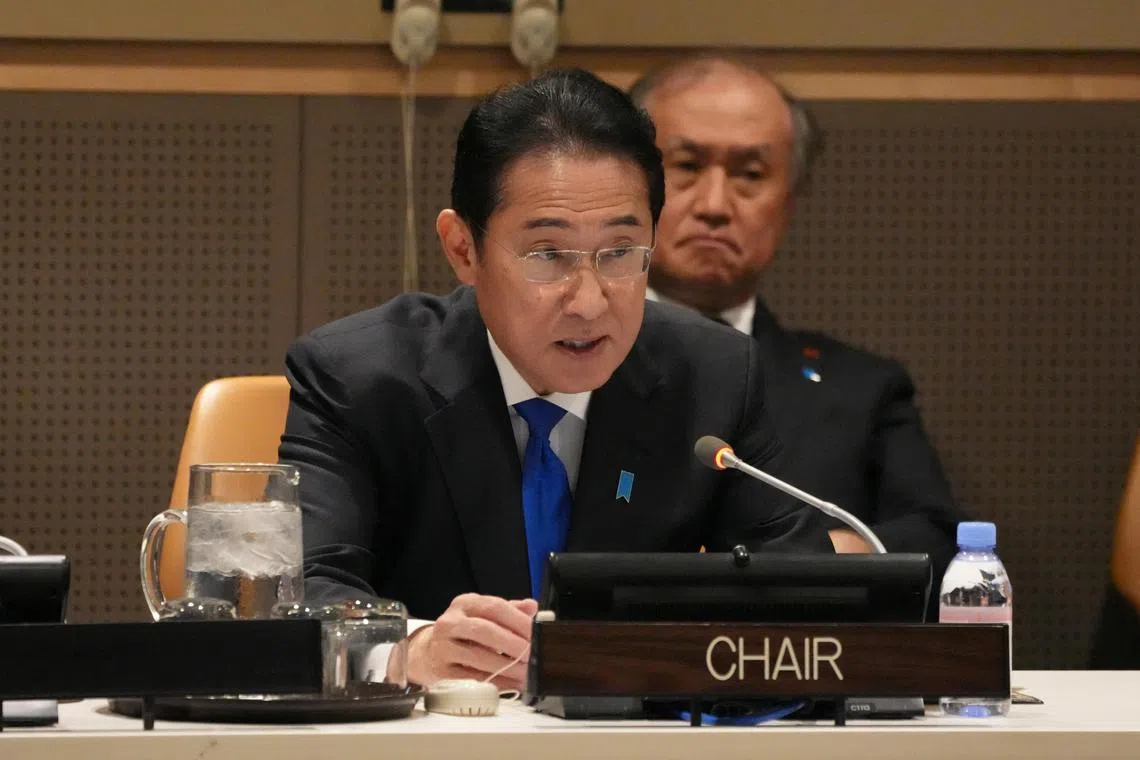 Japan's Prime Minister Fumio Kishida speaking during the High-Level Meeting to Launch the Friends of Fissile Material Cut-off Treaty at UN headquarters in New York City on Sept 23. 