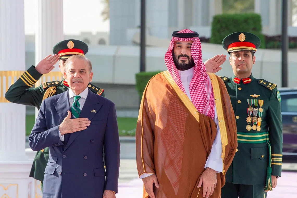Saudi Crown Prince Mohammed bin Salman and Pakistan Prime Minister Shehbaz Sharif meet in Riyadh, Saudi Arabia, September 17, 2025. Saudi Press Agency/Handout via REUTERS