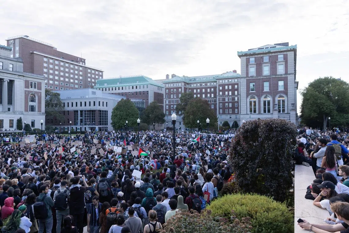 Pro-Palestinian students take part in a protest in support of the Palestinians amid the ongoing conflict in Gaza at Columbia University in New York on Oct 12. 