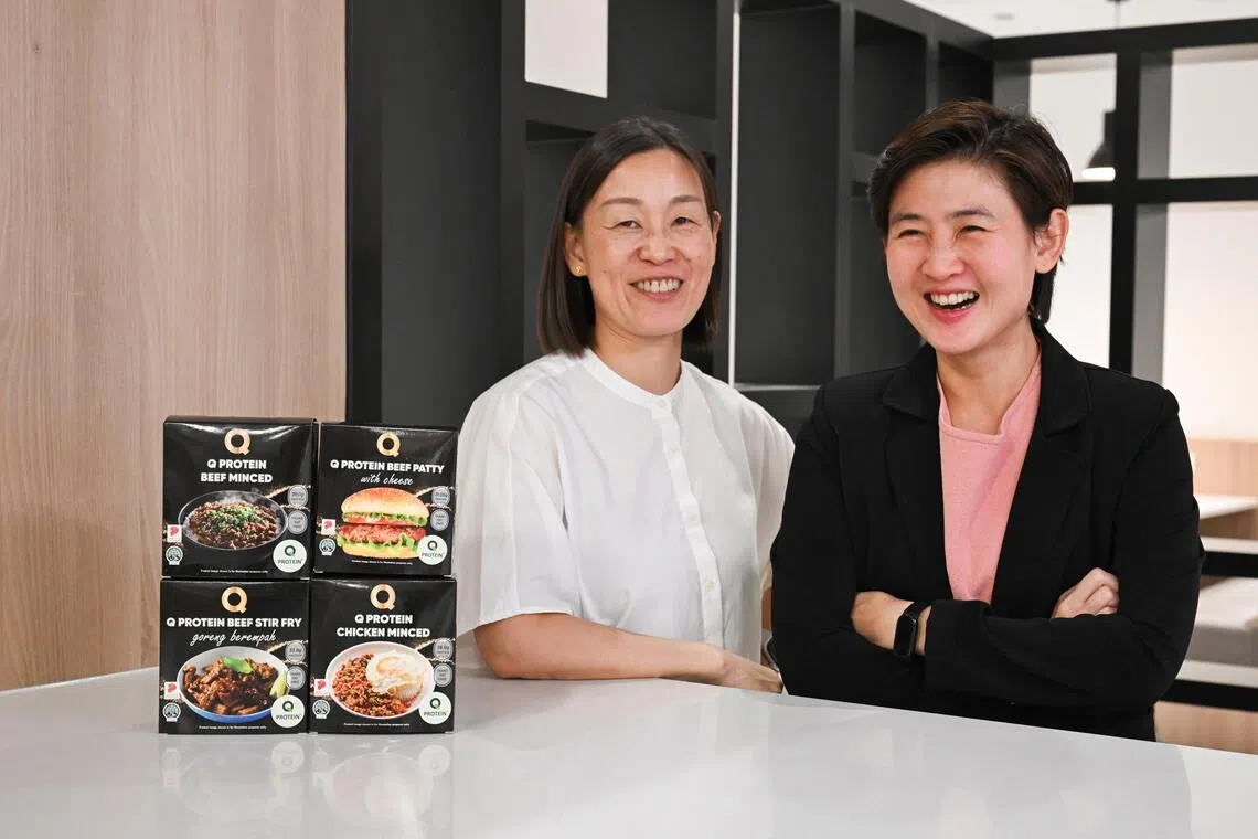 Nurasa chief executive Guo Xiuling (left) and Quality Meat managing director Joey Oh with the Q Protein products they developed.
