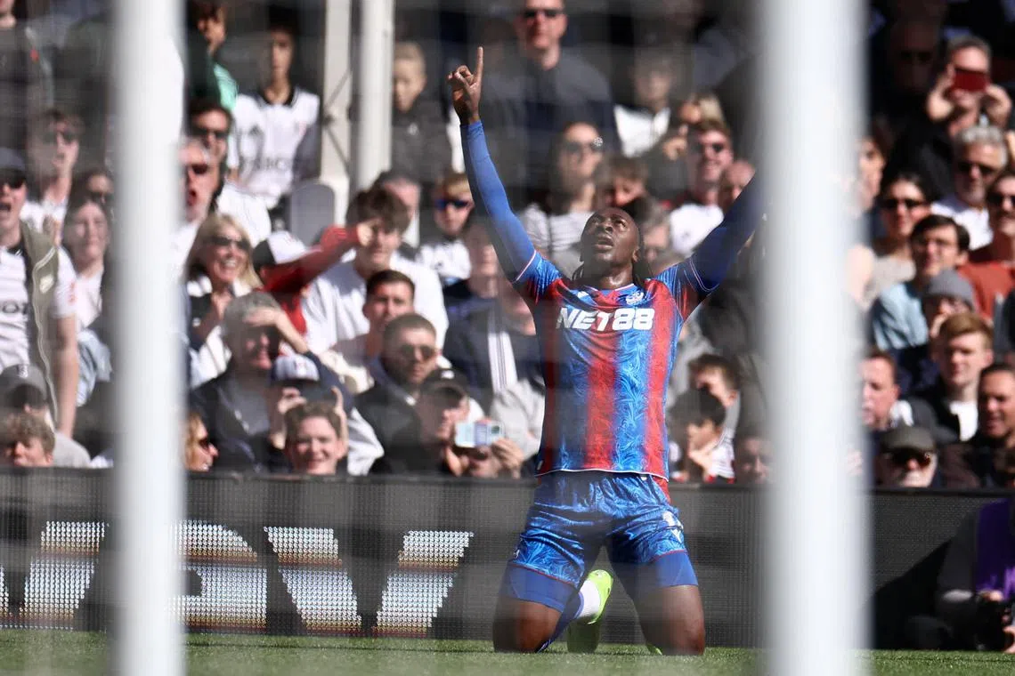 Crystal Palace midfielder Eberechi Eze celebrates after scoring the opening goal in the 3-0 FA Cup quarter-final win over Fulham.