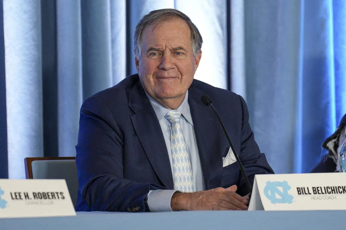 Dec 12, 2024; Chapel Hill, NC, USA; North Carolina Tar Heels new head coach Bill Belichick speaks to those attending his hiring announcement  at Loudermilk Center for Excellence. Mandatory Credit: Jim Dedmon-Imagn Images/ File Photo