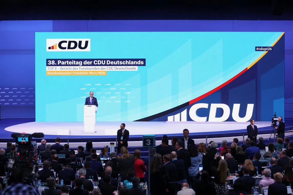 German Chancellor and Christian Democratic Union (CDU) party leader Friedrich Merz speaks at the CDU party congress in Stuttgart, Germany, February 20, 2026. REUTERS/Thilo Schmuelgen