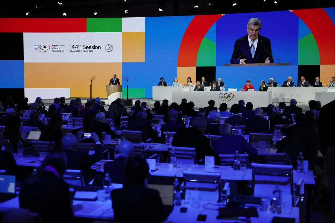 Olympics - 144th IOC Session - Costa Navarino, Pylos, Greece - March 19, 2025 General view as International Olympic Committee (IOC) president Thomas Bach speaks during the session REUTERS/Louisa Gouliamaki