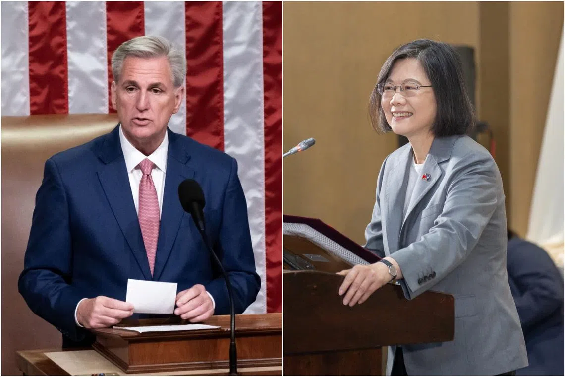 Taiwan’s President Tsai Ing-wen (right) will meet with US House Speaker Kevin McCarthy as part of a sensitive US stopover.