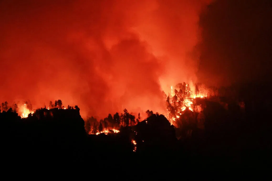 The Dragon Bravo Fire burns on the northern rim as seen from Grandeur Point on the southern rim of Grand Canyon, Arizona, U.S. July 14, 2025.  REUTERS/David Swanson/File Photo