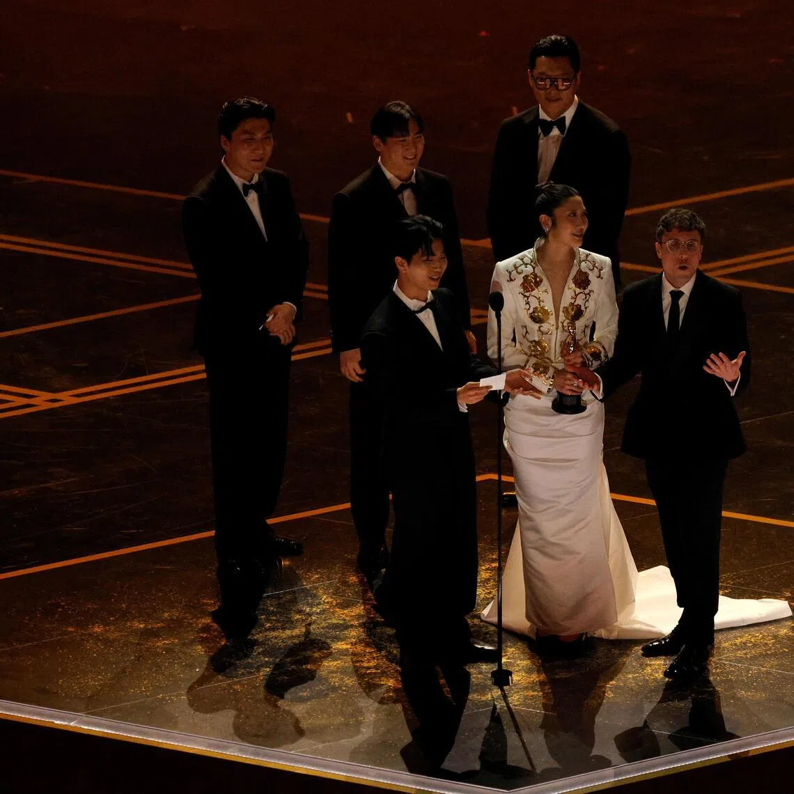 The lights go out as the winners for Best Original Song for Golden from KPop Demon Hunters try to speak during the Oscars show at the 98th Academy Awards on March 15. 