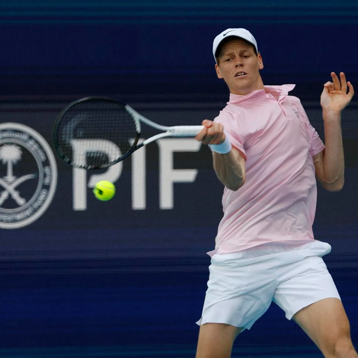 Mar 21, 2026; Miami Gardens, FL, USA; Jannik Sinner (ITA) hits a forehand against Damir D?umhur (BIH) (not pictured) on day five of the 2026 Miami Open at Hard Rock Stadium. Mandatory Credit: Geoff Burke-Imagn Images