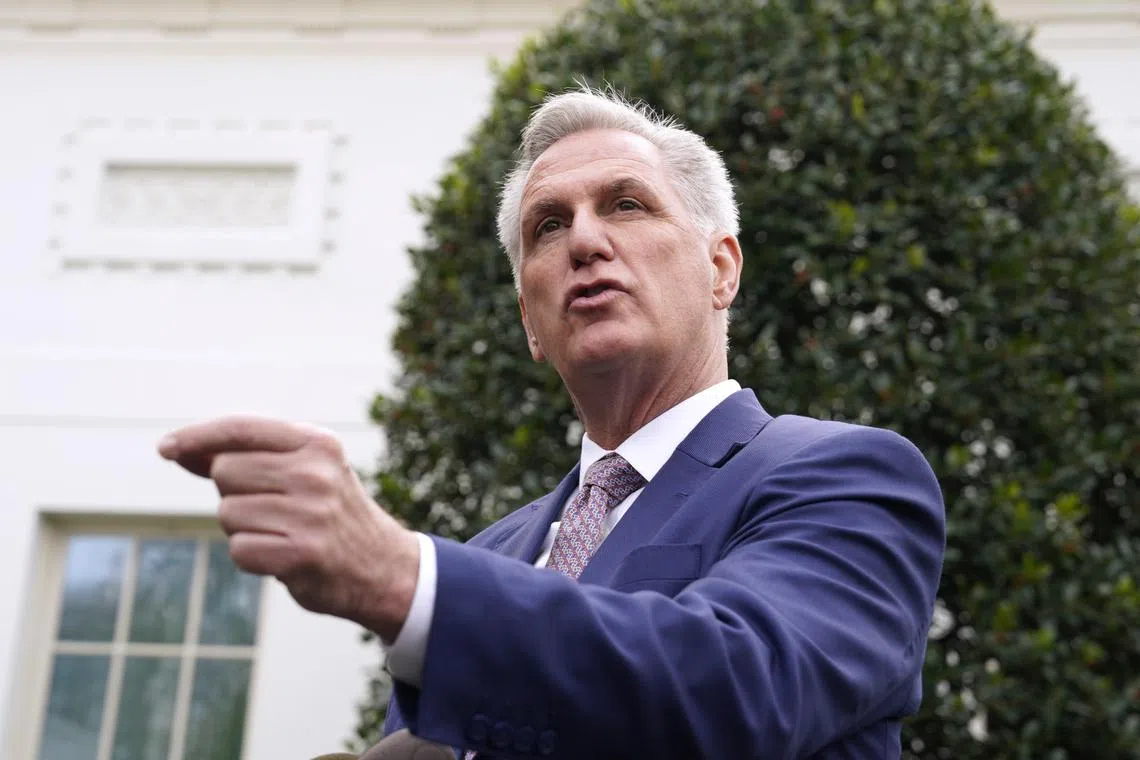 House Minority Leader Kevin McCarthy speaks to the media after a meeting with US President Joe Biden and Congressional leaders at the White House.