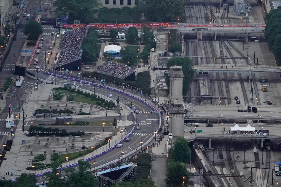FILE PHOTO: Jul 2, 2023; Chicago, Illinois, USA; A general view as cars race along Grant Park during the Grant Park 220 of the Chicago Street Race viewed from the NEMA Chicago buliding. Mandatory Credit: Jon Durr-USA TODAY Sports/File Photo