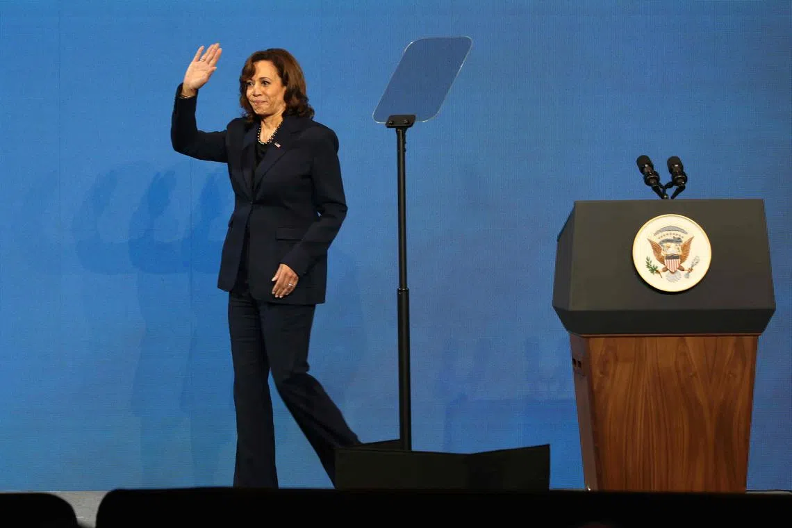 US Vice-President Kamala Harris waves as she addresses the Apec CEO Summit in Bangkok on Nov 18, 2022..