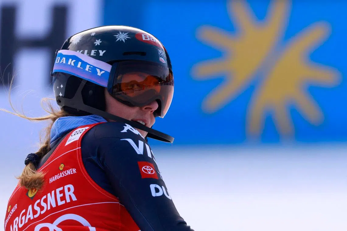 Alpine Skiing - FIS Alpine Ski World Cup - Women's Slalom - Kranjska Gora, Slovenia - January 4, 2026 Mikaela Shiffrin of the U.S. reacts after her second run REUTERS/Borut Zivulovic