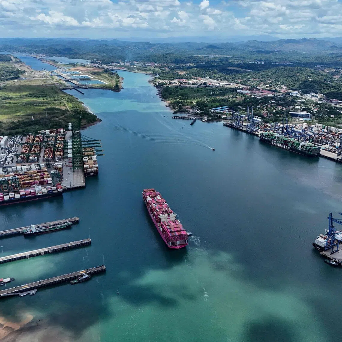 Aerial view of a container ship entering the Panama Canal in Panama City on April 21. 