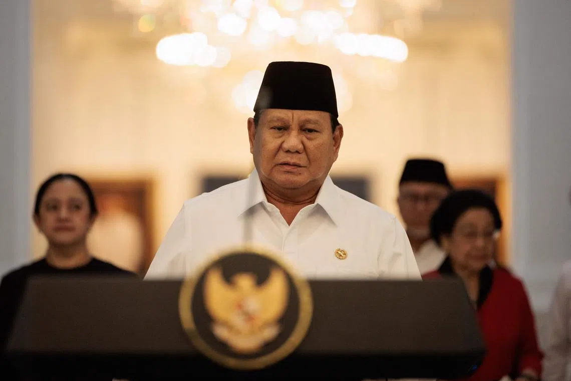 Indonesias President Prabowo Subianto speaks about a recent wave of nationwide protests during a press conference  in Jakarta on Aug 31.