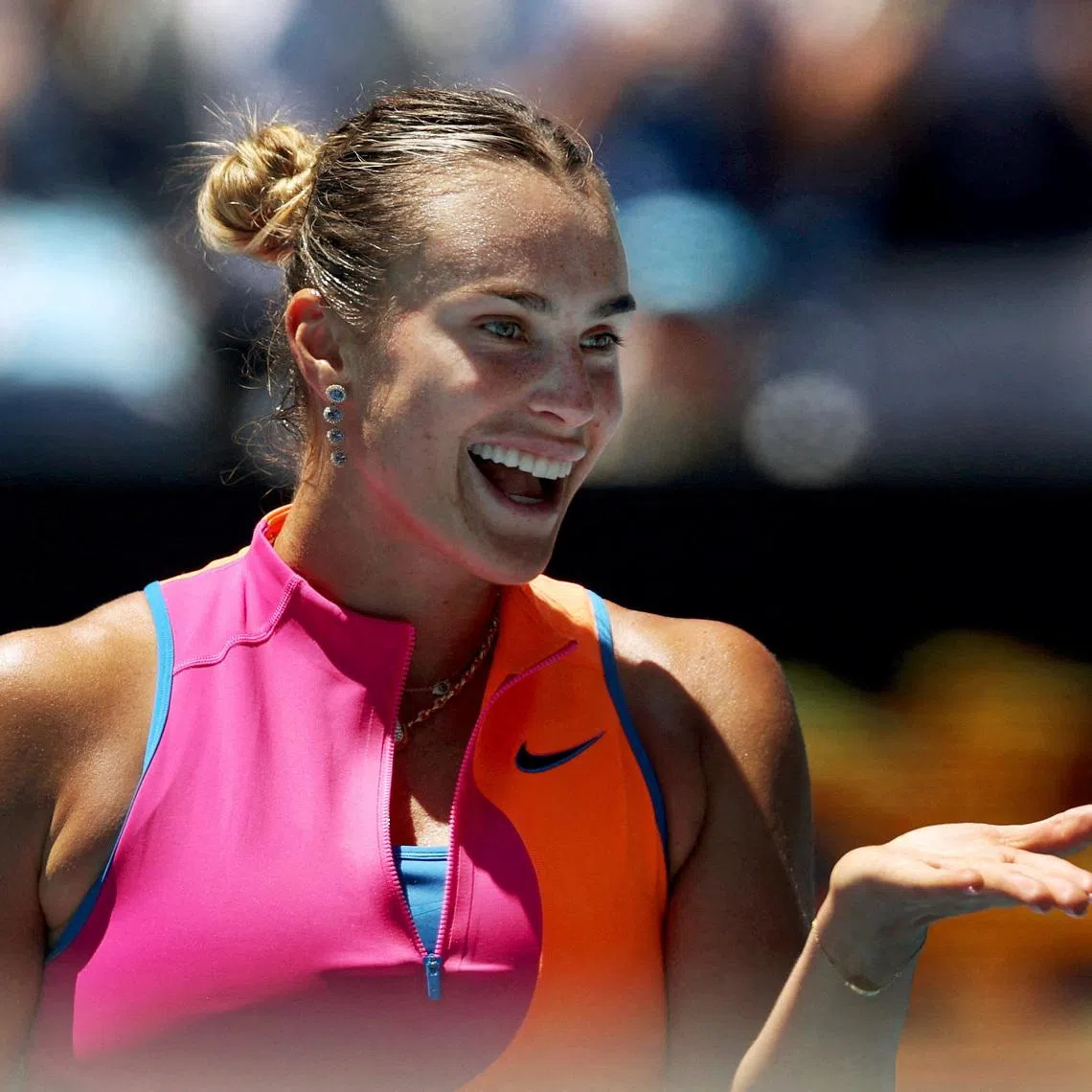 Tennis - Australian Open - Melbourne Park, Melbourne, Australia - January 27, 2026 Belarus' Aryna Sabalenka celebrates after winning her quarter final match against Iva Jovic of the U.S. REUTERS/Edgar Su